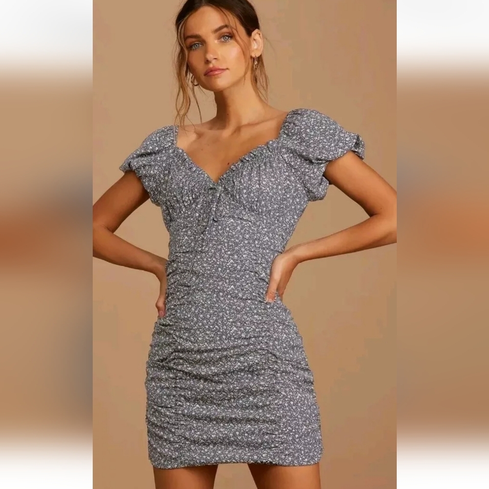 Lulu's Reason To Be Dusty Blue Ditsy Floral Ruched Mini Dress M Cottagecore